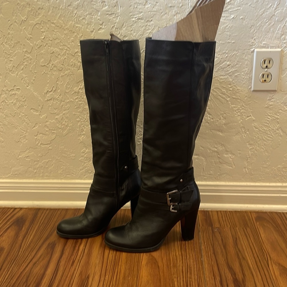 Nine West Genuine Leather Black Heeled Knee Height Boots